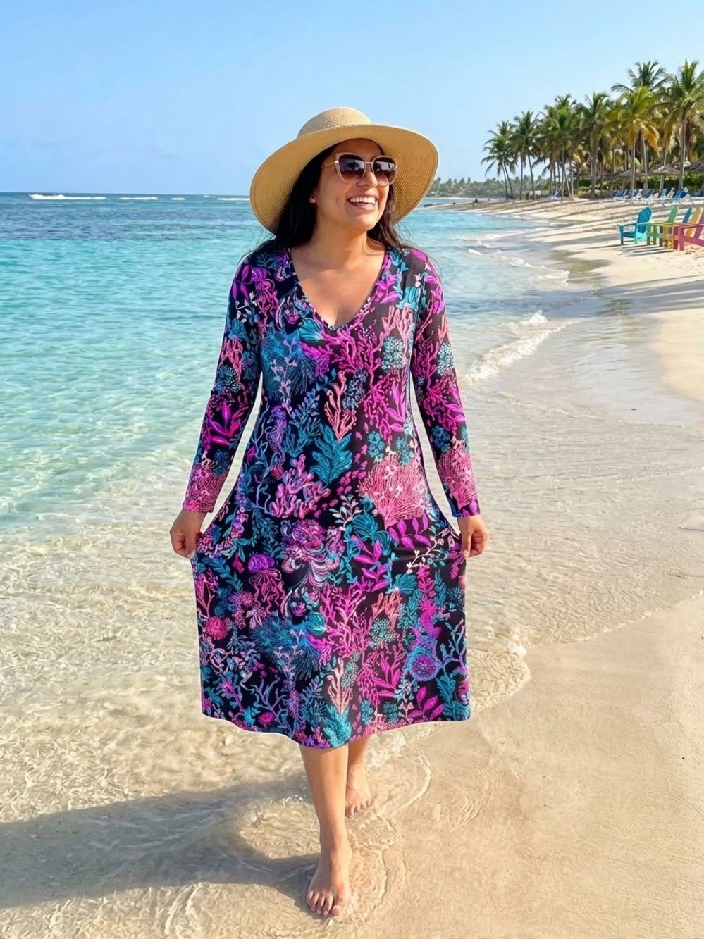 (E1) Lilly Pulitzer Etta long-sleeved dress in Onyx Twilight Coral, size S
